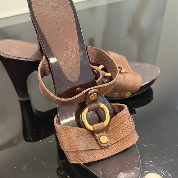 Celine Brown Leather Heeled Sandals with Gold Accents - Picture 1 of 5